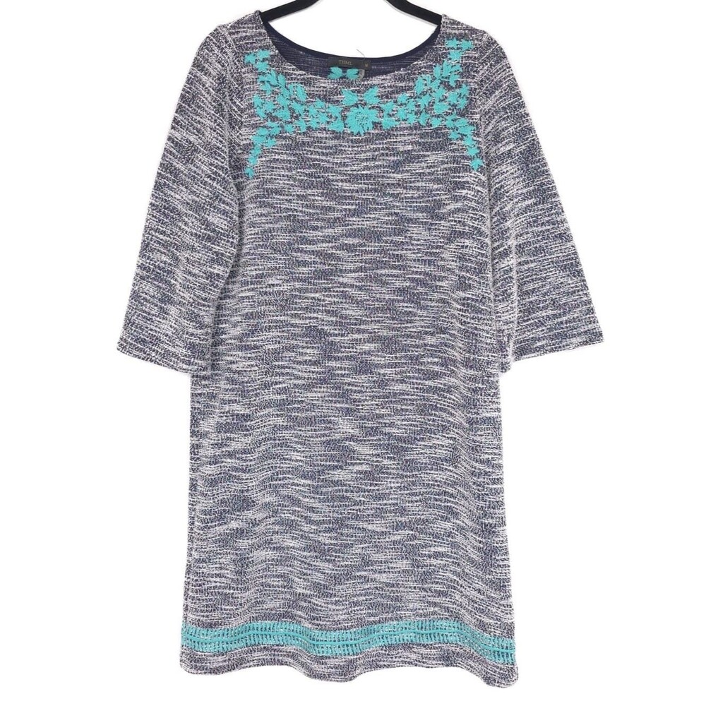 Anthropologie THML Embroidered Shift Dress Women’s MEDIUM White Turquoise Black